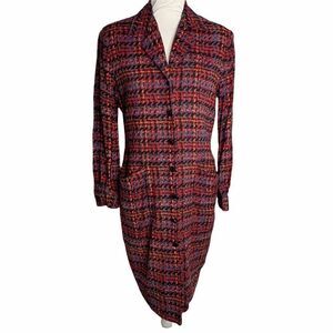 Vintage Anne Crimmons Wool Midi Shirt Jacket Dress 12 Red Chevron Pockets